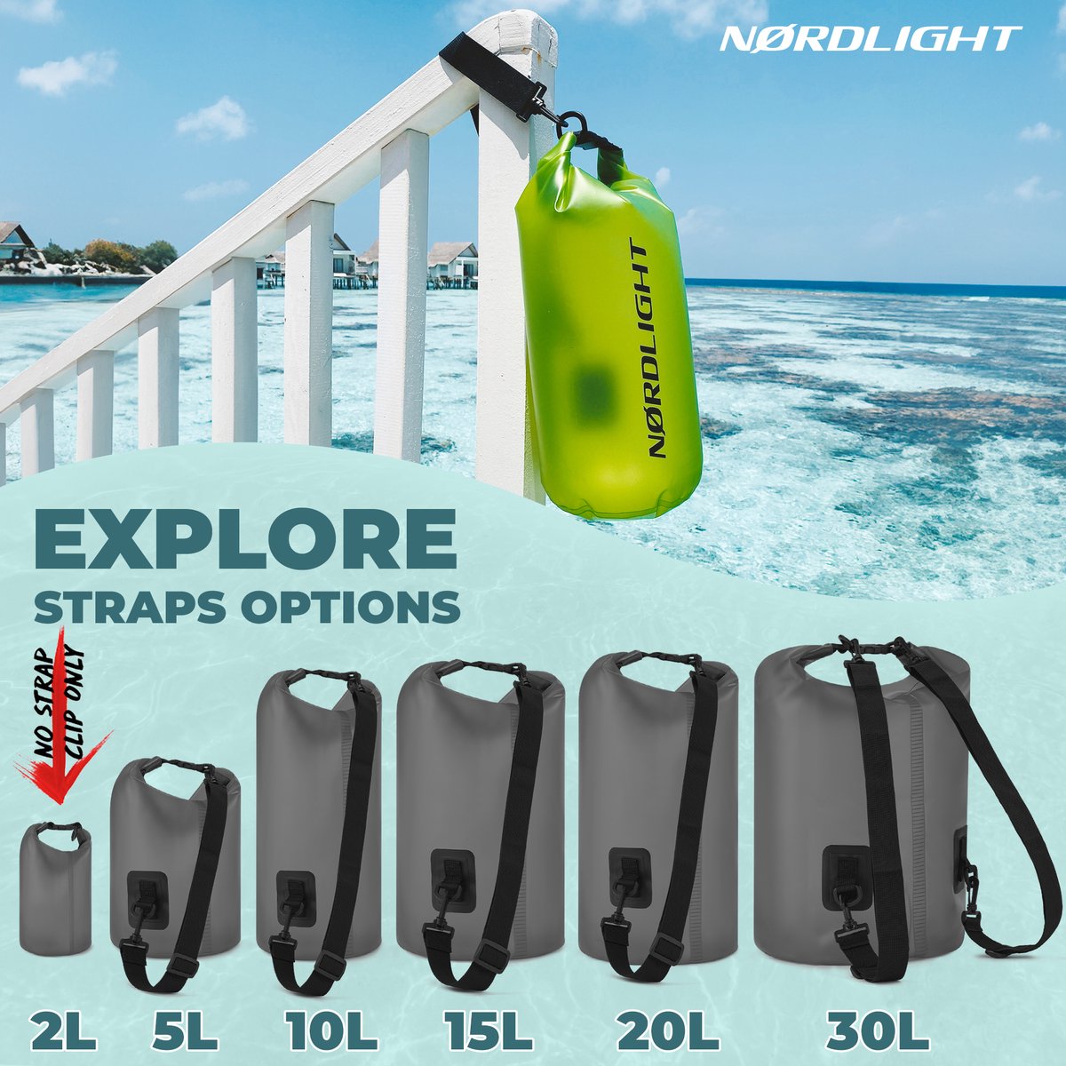 NORDLIGHT set van 2, waterdichte draagtassen, waterproof bag,  5 L en 10 L inclusief draagriem en schouderstuk. Zwart/grijs doorzichtig