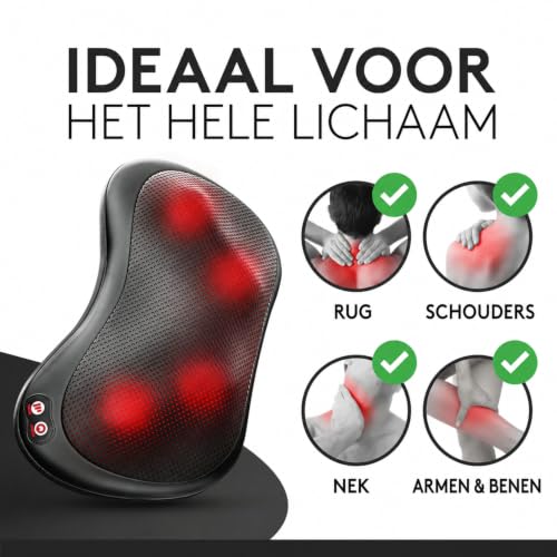 Wellax Relaxing Massage Cushion met Warmtefunctie & 360° Rotatie - Shiatsu Massager met 3 Snelheden voor Schouders & Rug - incl. Verlengband - Nek Massager, Zwart