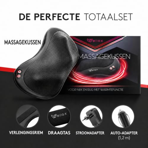Wellax Relaxing Massage Cushion met Warmtefunctie & 360° Rotatie - Shiatsu Massager met 3 Snelheden voor Schouders & Rug - incl. Verlengband - Nek Massager, Zwart
