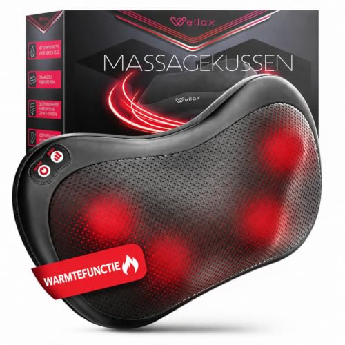 Wellax Relaxing Massage Cushion met Warmtefunctie & 360° Rotatie - Shiatsu Massager met 3 Snelheden voor Schouders & Rug - incl. Verlengband - Nek Massager, Zwart