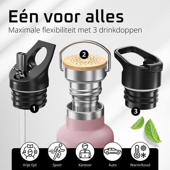BEMAXX  Drinkfles met Rietje RVS Thermosfles ACTIVE FLASK (3 Drinkdoppen met Infuser), Volwassenen Kinderen, BPA-Vrij + Lekvrij | 950 ml Isoleerfles, Vacuüm Waterfles Sport Fitness Fietsen Water Fles Waterbidon Sportbidon