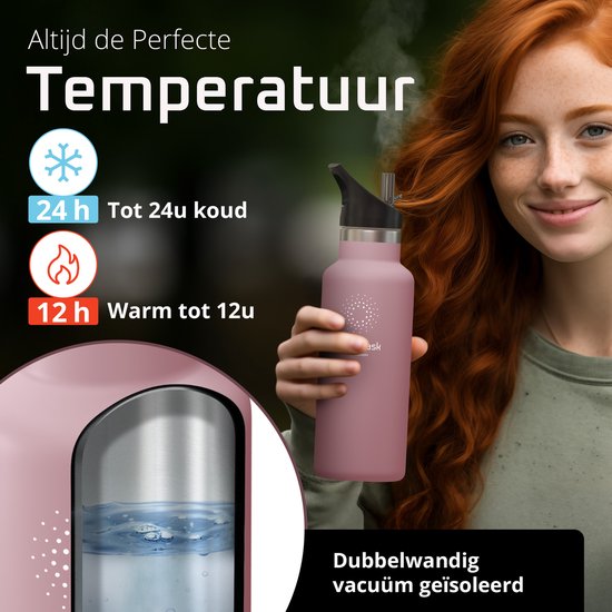BEMAXX  Drinkfles met Rietje RVS Thermosfles ACTIVE FLASK (3 Drinkdoppen met Infuser), Volwassenen Kinderen, BPA-Vrij + Lekvrij | 950 ml Isoleerfles, Vacuüm Waterfles Sport Fitness Fietsen Water Fles Waterbidon Sportbidon