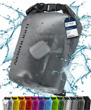 NORDLIGHT set van 2, waterdichte draagtassen, waterproof bag,  5 L en 10 L inclusief draagriem en schouderstuk. Zwart/grijs doorzichtig