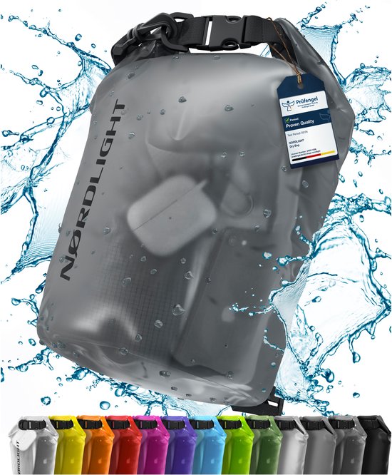 NORDLIGHT set van 2, waterdichte draagtassen, waterproof bag,  5 L en 10 L inclusief draagriem en schouderstuk. Zwart/grijs doorzichtig