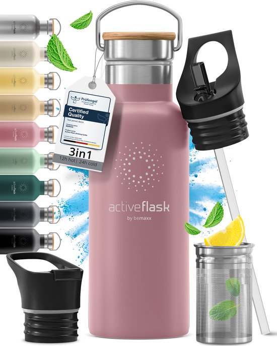 BEMAXX  Drinkfles met Rietje RVS Thermosfles ACTIVE FLASK (3 Drinkdoppen met Infuser), Volwassenen Kinderen, BPA-Vrij + Lekvrij | 950 ml Isoleerfles, Vacuüm Waterfles Sport Fitness Fietsen Water Fles Waterbidon Sportbidon