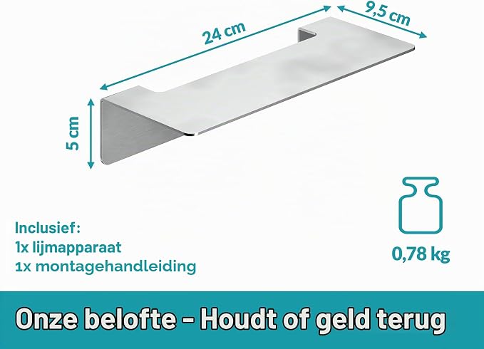 WEISSENSTEIN Badplank zonder boren van roestvrij staal - zelfklevende plank voor de badkamer  24 cm, groot zelfklevend rek van roestvrij staal, zonder gat of boren