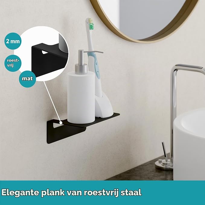 WEISSENSTEIN Badplank zonder boren van roestvrij staal - zelfklevende plank voor de badkamer  24 cm, groot zelfklevend rek van roestvrij staal, zonder gat of boren