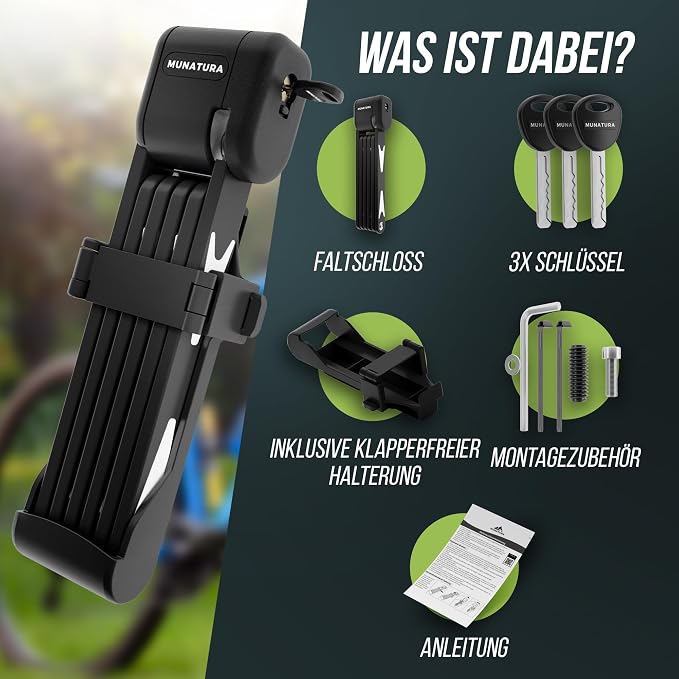MUNATURA Vouwslot met houder, 95 cm, robuust vouwslot voor extra hoge diefstalbeveiliging, geschikt voor alle fietsen, e-bikes, enz