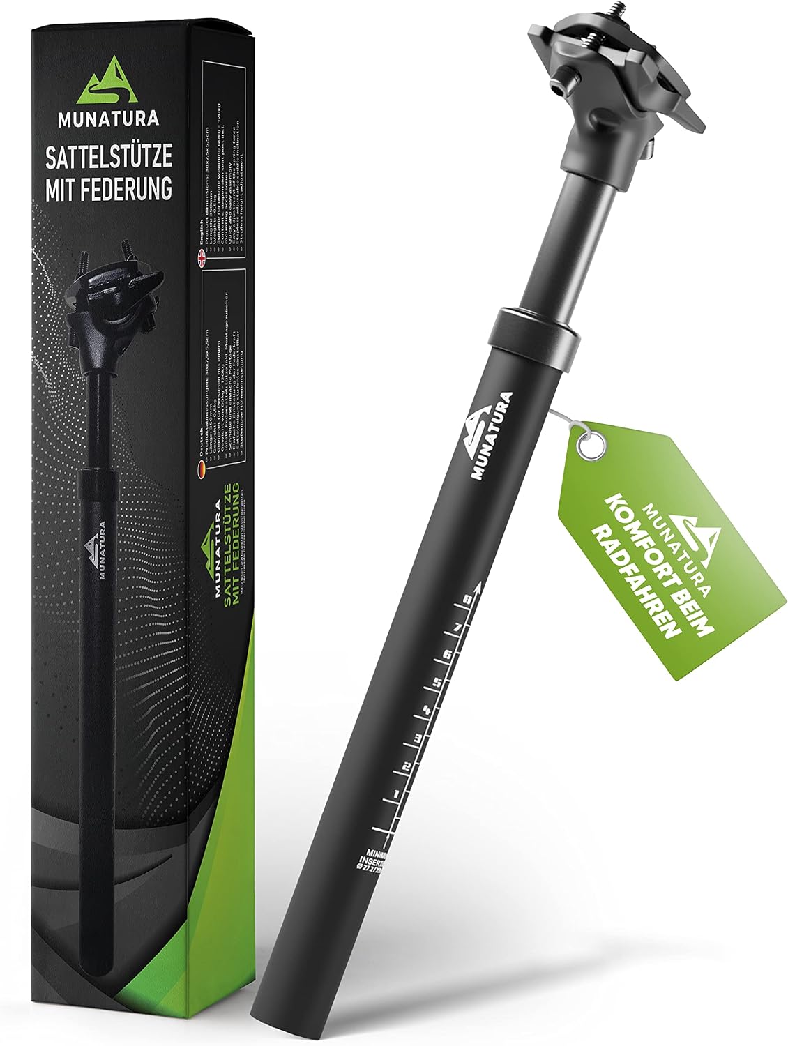 MUNATURA Premium zadelpen, geveerd, diameter  30,9 / 31,6, comfortabele rijervaring, licht en verstelbaar, geschikt voor elke fiets