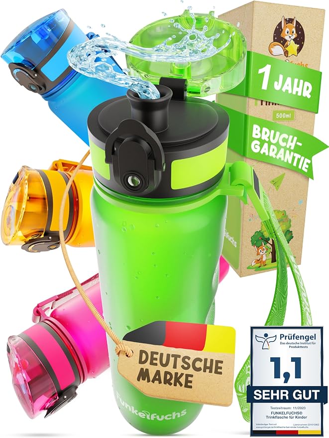 Funkelfuchs Drinkfles voor kinderen, 500 ml, geschikt voor koolzuur, 100% lekvrij, waterfles, vaatwasmachinebestendig, voor school, sport