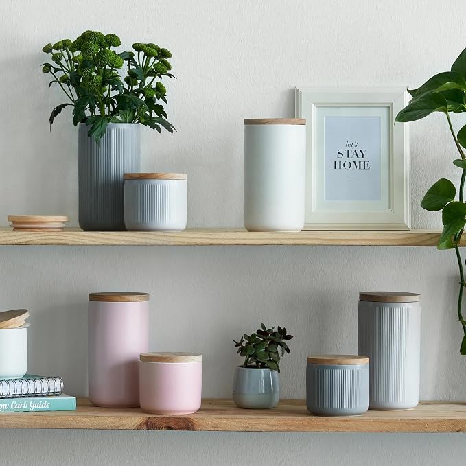 SPRINGLANE Keramische voorraadpotten met houten deksel strepen, rubber hout deksel opslagcontainers, levensmiddelen opslagcontainers - Set 4-delig