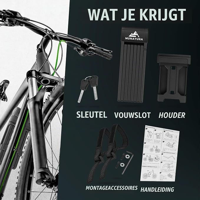 MUNATURA Vouwslot voor fiets, mountainbike, fatbike, e-bike, 120 cm, fietsslot, hoge veiligheid, houder