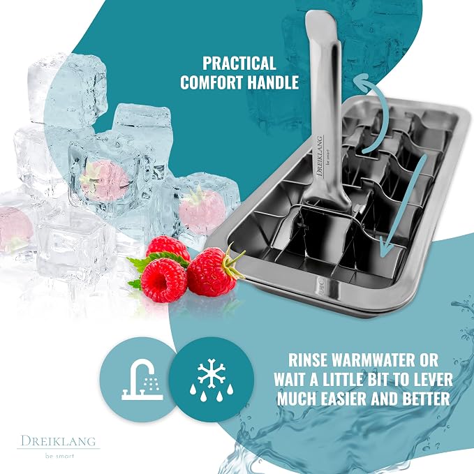 Dreiklang - be smart RVS IJsblokjesvorm 18/8 gepolijst met Hefboom & Comfortgreep – IJsblokjeshouder plasticvrij, voedselveilig voor 18 grote Ice Cubes