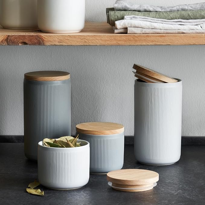 SPRINGLANE Keramische voorraadpotten met houten deksel strepen, rubber hout deksel opslagcontainers, levensmiddelen opslagcontainers - Set 4-delig