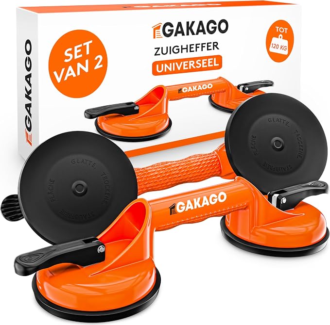 Gakago zuigheffer (verpakking van 2) - Ergonomische & anti-slip zuignappen - 120kg belastbare zuigheffer voor het transporteren van tegels, laminaat, ruiten en glas