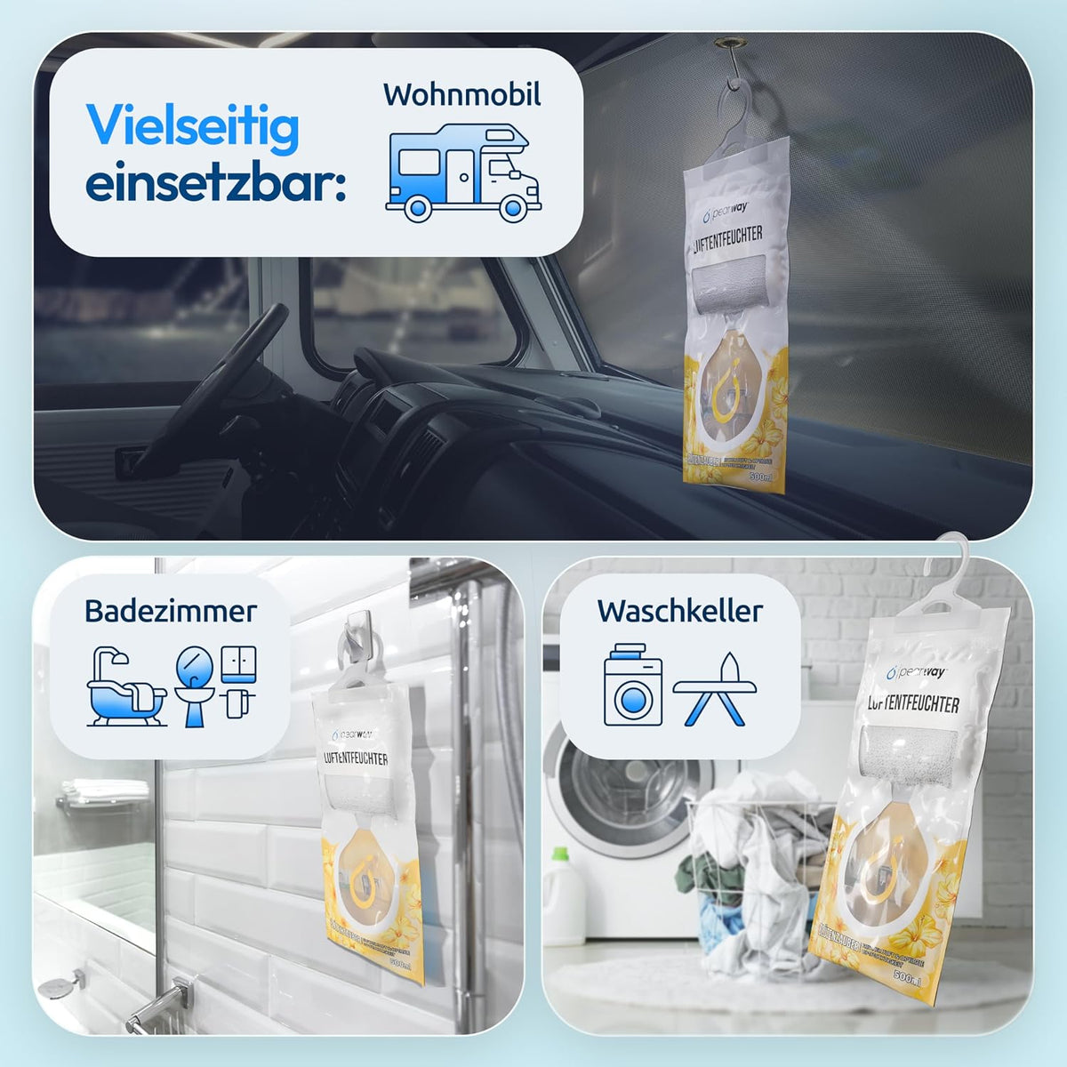 Pearway PEARWAY set van 10 (blauw ochttendbries) en set van 9 (geel bloemen) x 500 ml luchtontvochtiger zak, vochtvreter,, kastontvochtiger om op te hangen