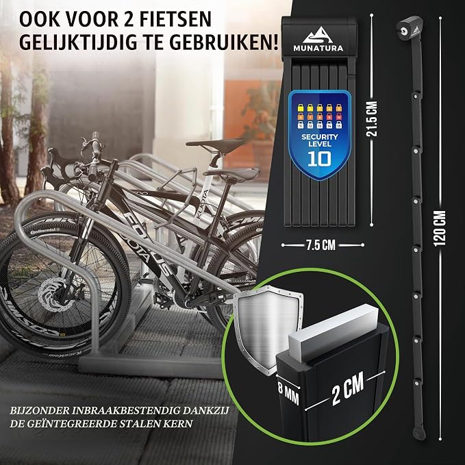 MUNATURA Vouwslot voor fiets, mountainbike, fatbike, e-bike, 120 cm, fietsslot, hoge veiligheid, houder