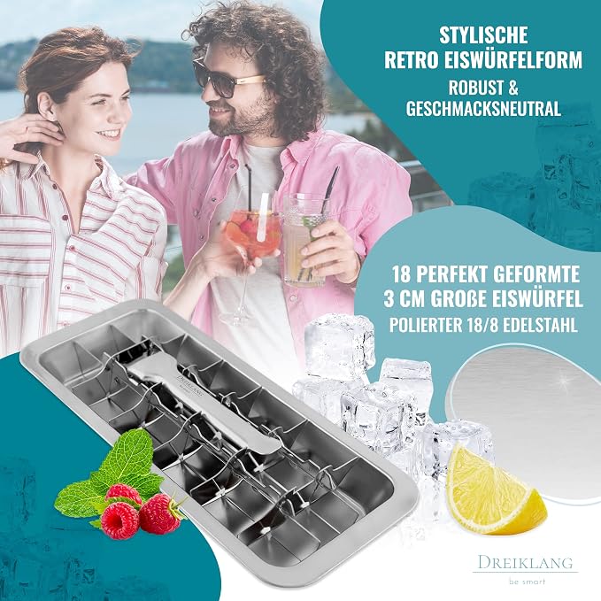 Dreiklang - be smart RVS IJsblokjesvorm 18/8 gepolijst met Hefboom & Comfortgreep – IJsblokjeshouder plasticvrij, voedselveilig voor 18 grote Ice Cubes