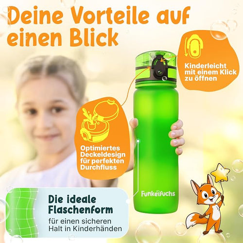 Funkelfuchs Drinkfles voor kinderen, 500 ml, geschikt voor koolzuur, 100% lekvrij, waterfles, vaatwasmachinebestendig, voor school, sport
