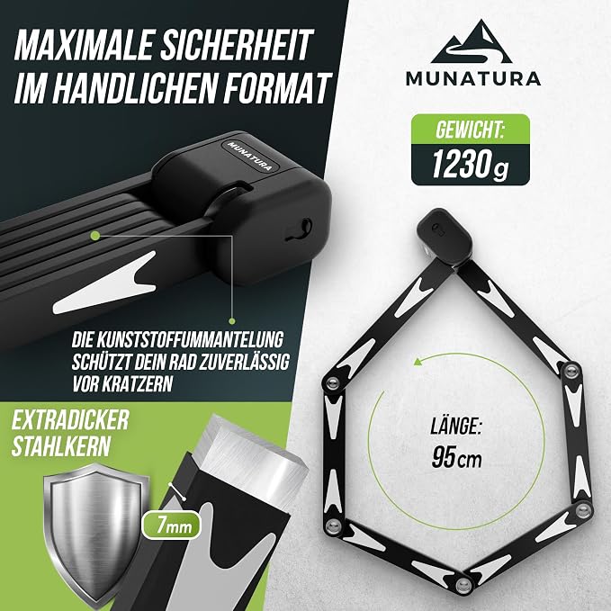 MUNATURA Vouwslot met houder, 95 cm, robuust vouwslot voor extra hoge diefstalbeveiliging, geschikt voor alle fietsen, e-bikes, enz