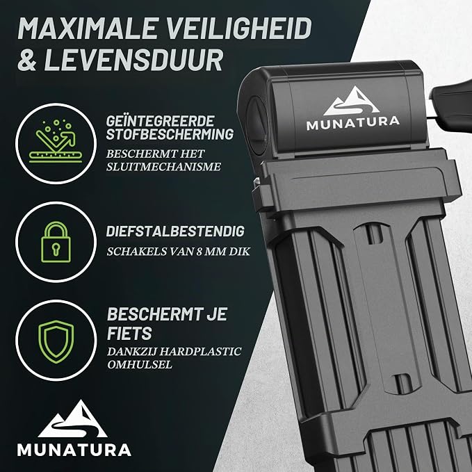 MUNATURA Vouwslot voor fiets, mountainbike, fatbike, e-bike, 120 cm, fietsslot, hoge veiligheid, houder