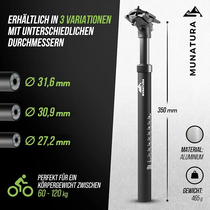 MUNATURA Premium zadelpen, geveerd, diameter  30,9 / 31,6, comfortabele rijervaring, licht en verstelbaar, geschikt voor elke fiets