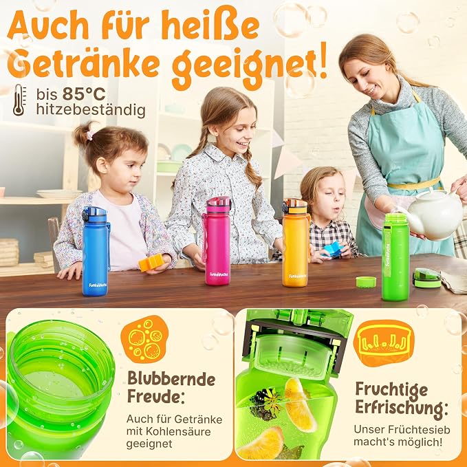 Funkelfuchs Drinkfles voor kinderen, 500 ml, geschikt voor koolzuur, 100% lekvrij, waterfles, vaatwasmachinebestendig, voor school, sport