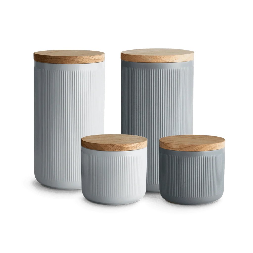 SPRINGLANE Keramische voorraadpotten met houten deksel strepen, rubber hout deksel opslagcontainers, levensmiddelen opslagcontainers - Set 4-delig