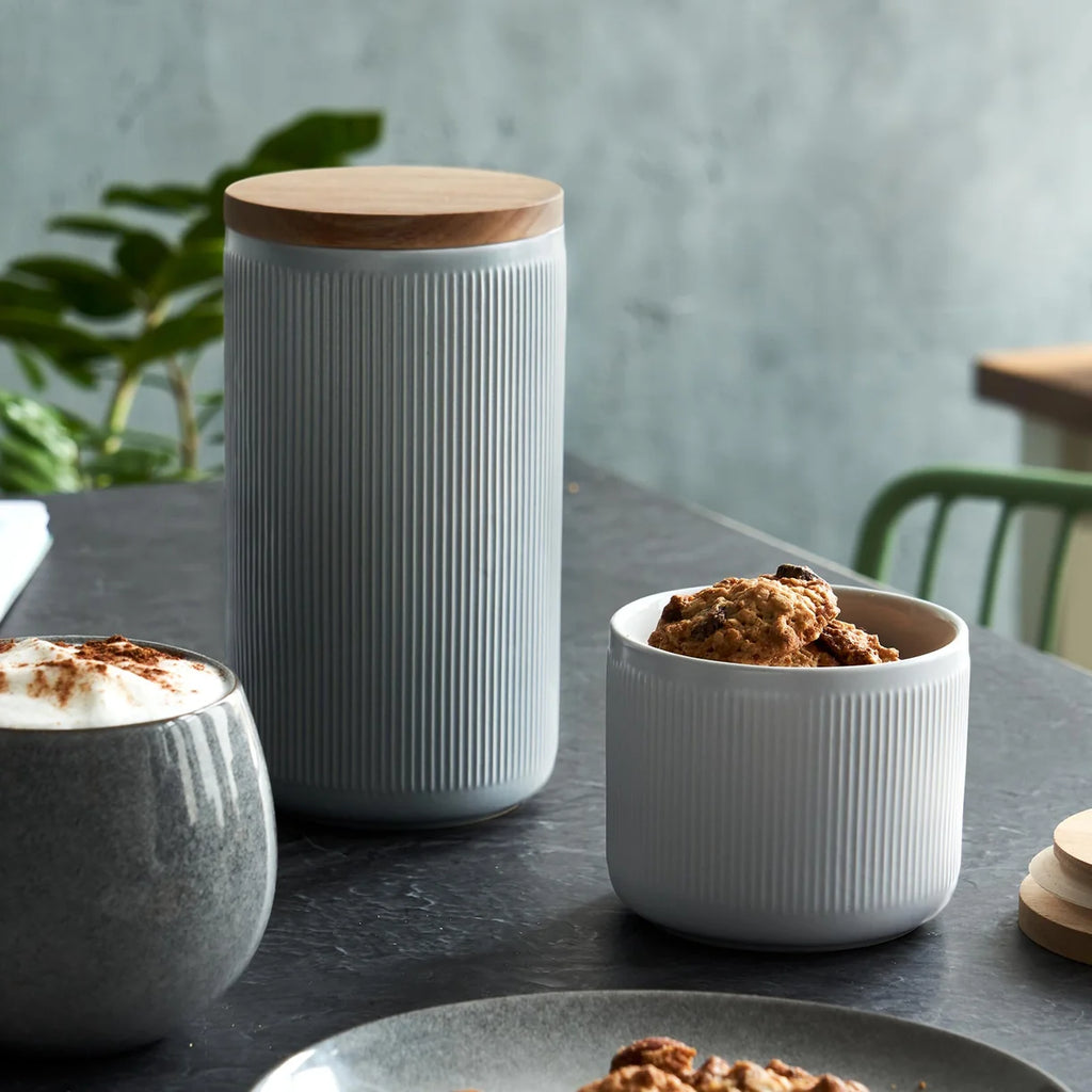 SPRINGLANE Keramische voorraadpotten met houten deksel strepen, rubber hout deksel opslagcontainers, levensmiddelen opslagcontainers - Set 4-delig