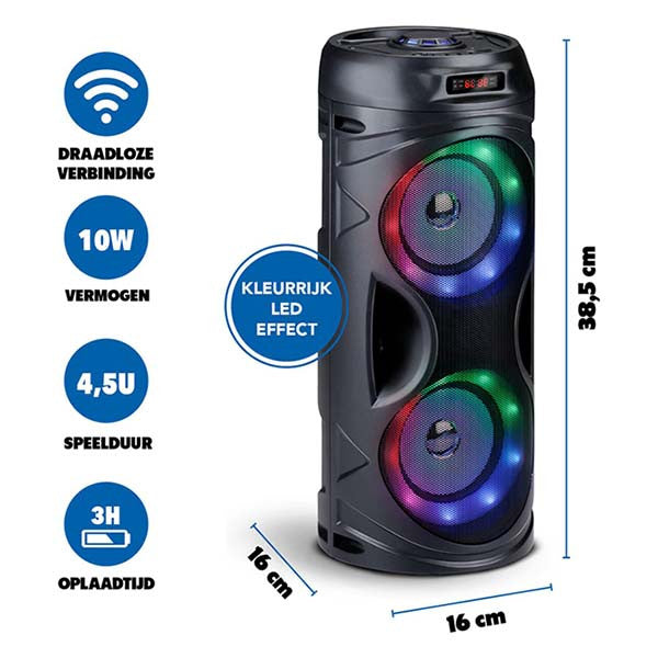 Bluetooth Speaker met RGB Licht - Draagbare Partybox 4,5 Uur Batterijduur - Party Speaker met USB Ingang en TF-Kaart - 16 x 38.5 cm