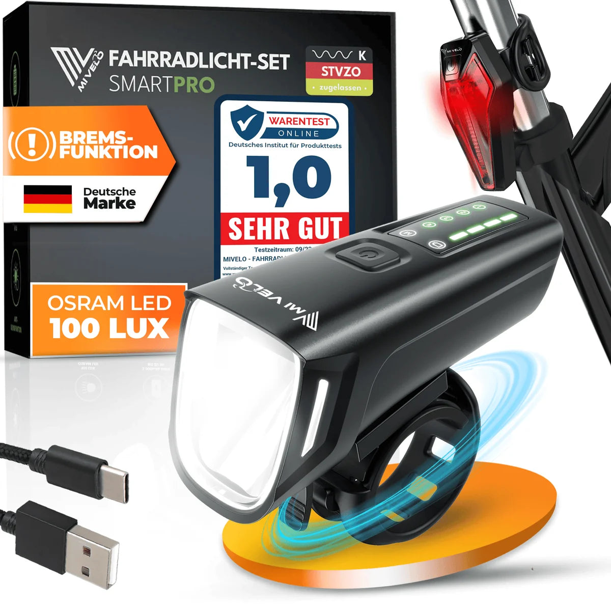 Fietsverlichtingsset 100 Lux met remlicht „SMART PRO“  USB-C oplaadbaar, waterdicht & extra helder – met remlichtfunctie